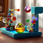 Vibrant digital artwork: whimsical perpetual motion machine with glass spheres
