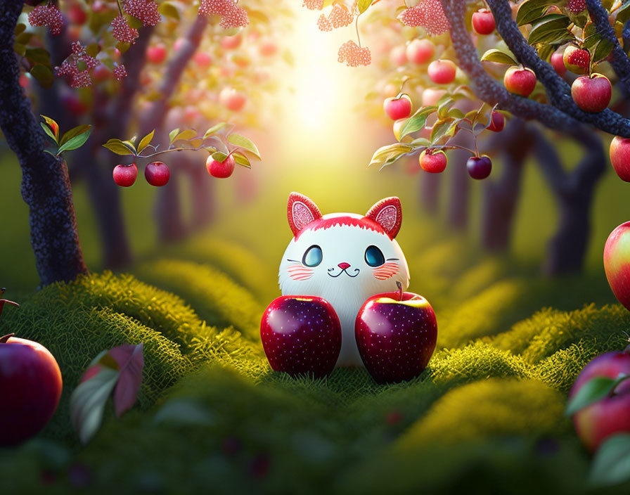 Smiling Cartoon Cat Surrounded by Red Apples and Apple Trees