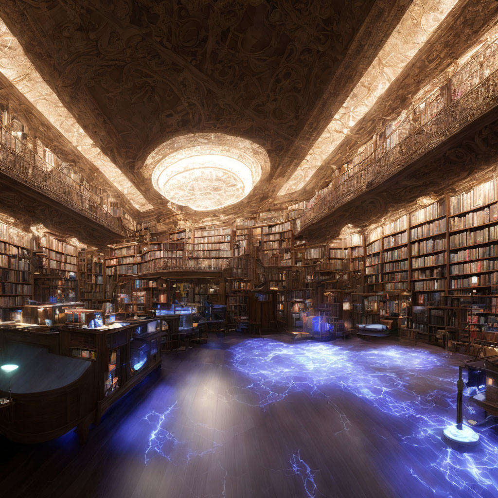 Luxurious Library with Towering Bookshelves and Blue Glowing Floor