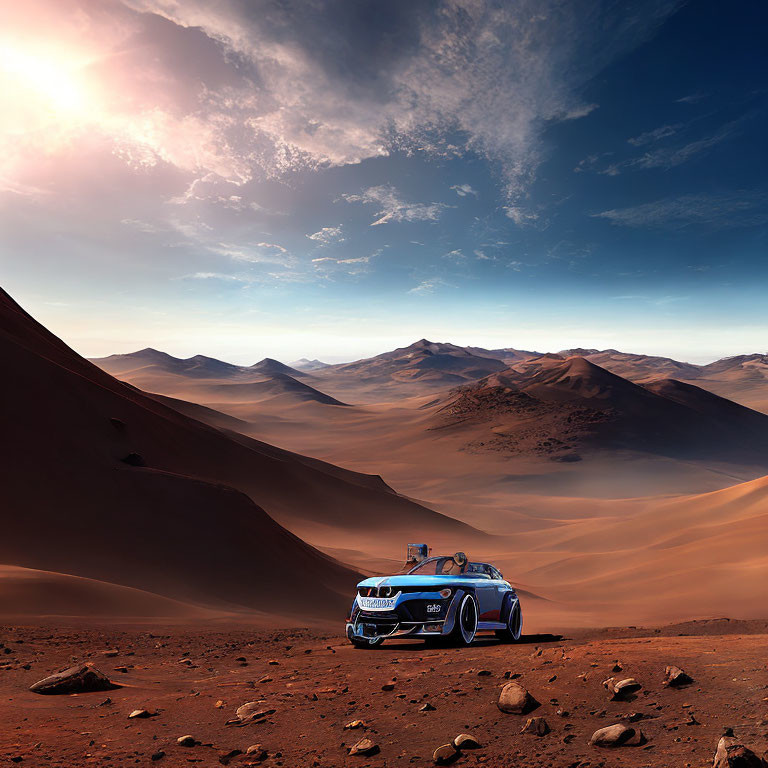 Blue Race Car Parked in Desert Landscape with Rolling Dunes
