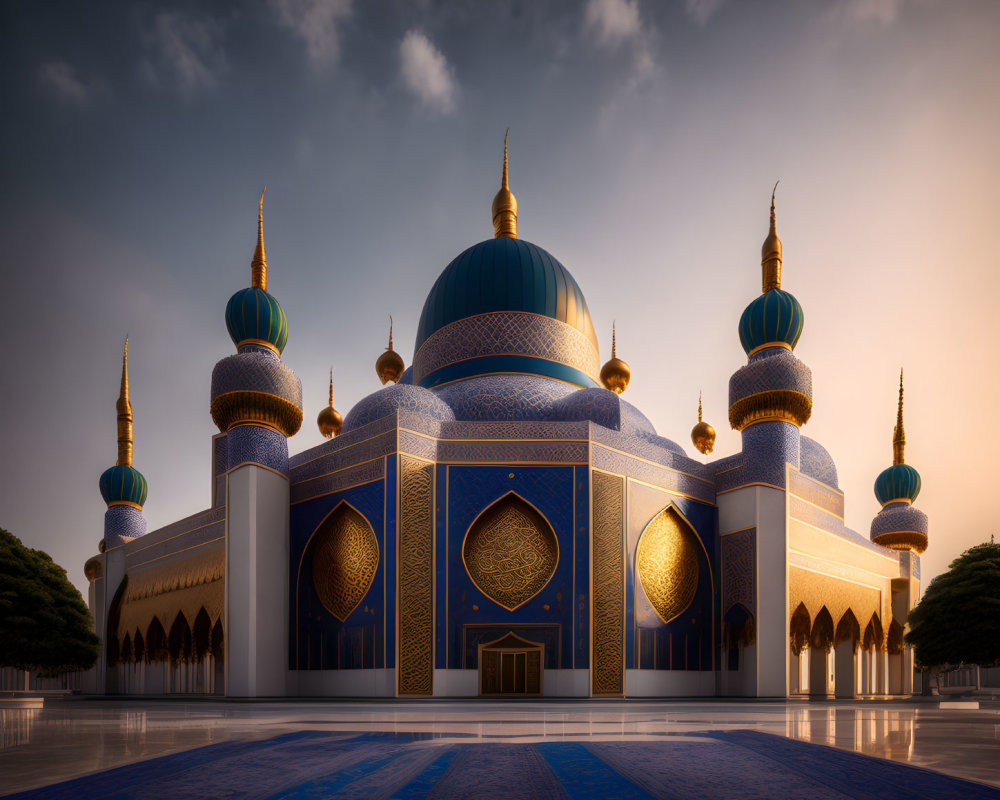 Ornate Mosque with Blue and Gold Domes at Sunset