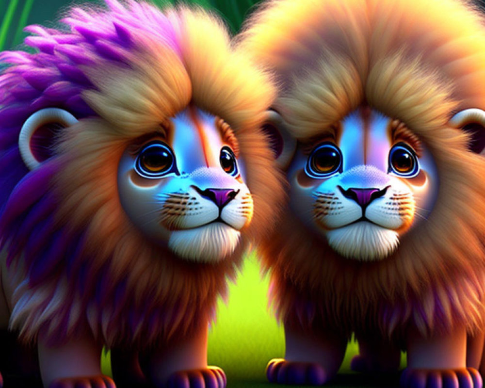 Colorful Cartoon Lions with Vibrant Manes on Purple Flora Background