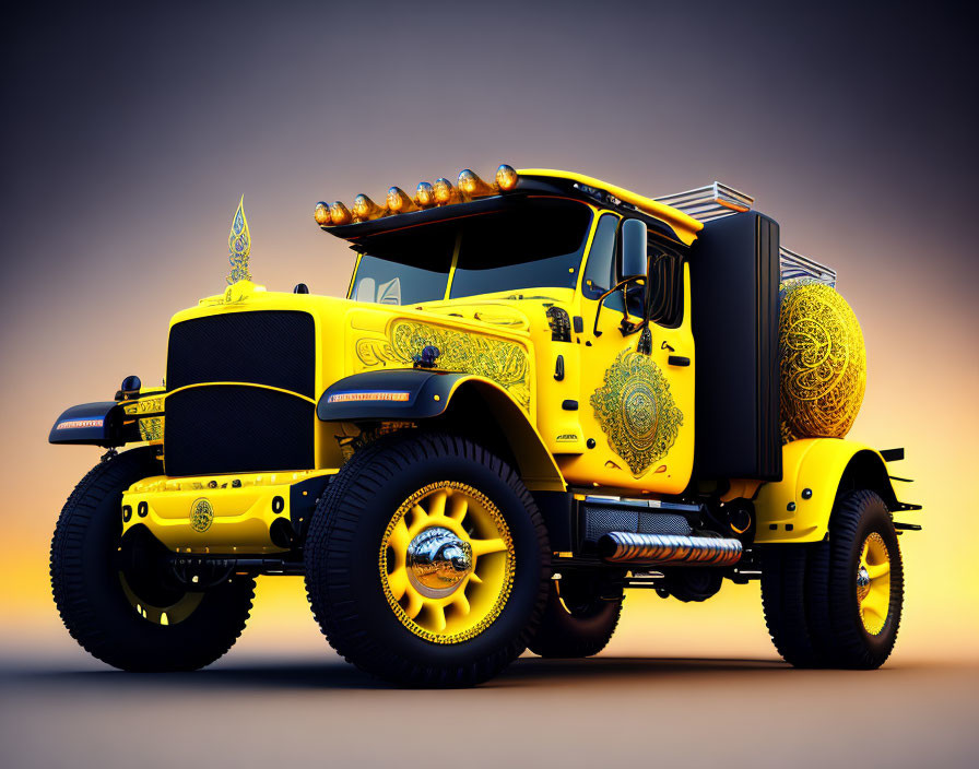 Customized Yellow Truck with Ornate Patterns and Off-Road Tires