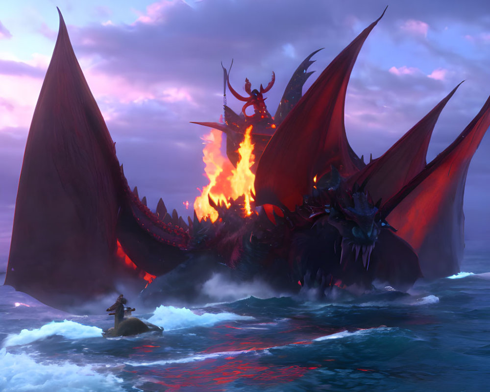 Mythical sea creature with large wings and fiery back above small boat at sunset