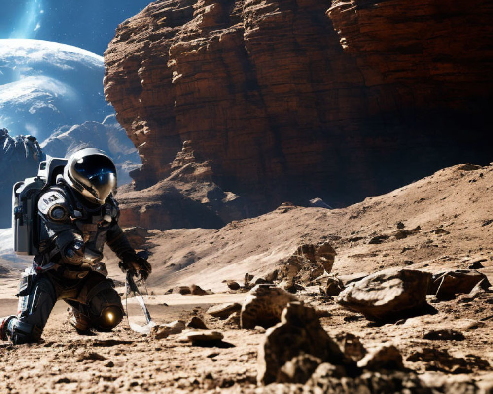 Astronaut exploring rocky terrain with large cliff and Earth-like planet in sky