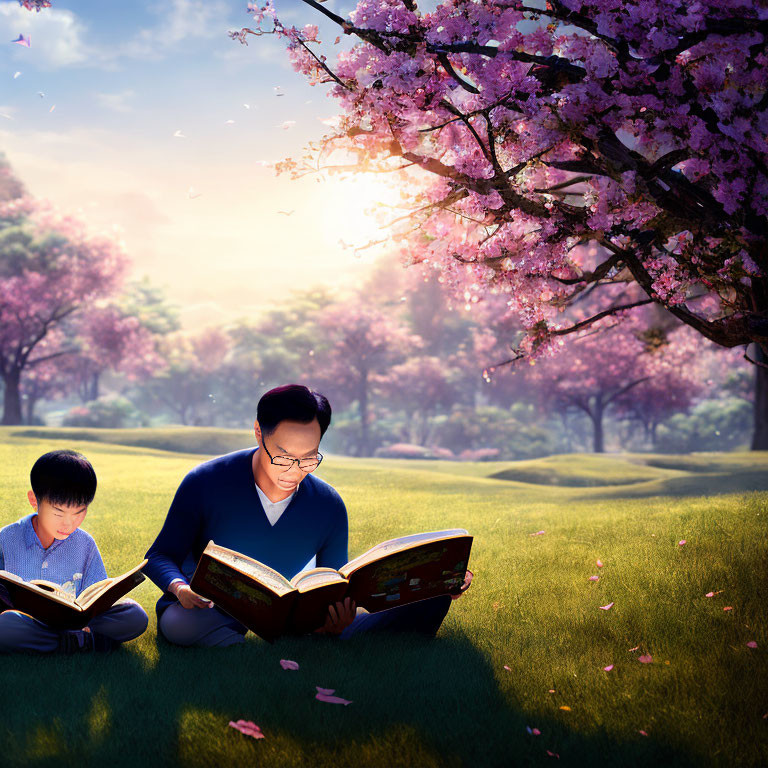 Adult and child reading under cherry blossom tree with birds in serene park scene