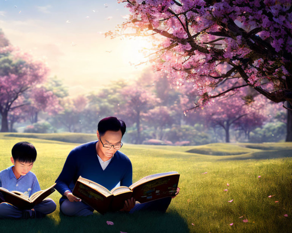 Adult and child reading under cherry blossom tree with birds in serene park scene