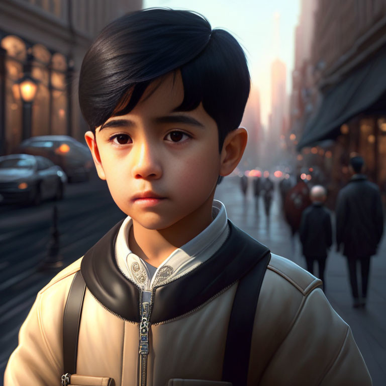Dark-haired boy in jacket and backpack on busy city street at sunset