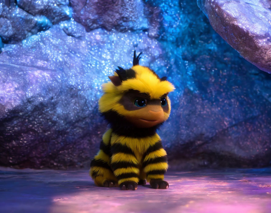 Bee-themed plush toy on crystal backdrop with moody lighting