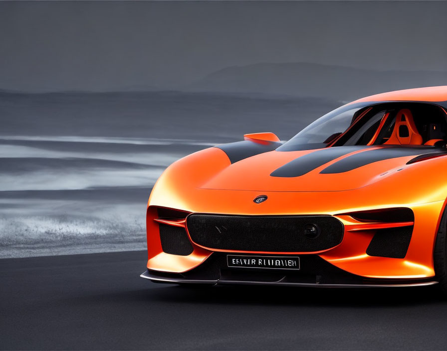 Sleek Orange Sports Car on Misty Track: Speed and Luxury Displayed
