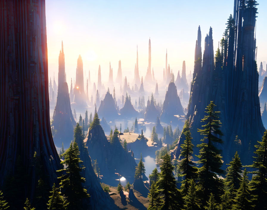 Fantastical forest at sunrise with towering spires and tall trees