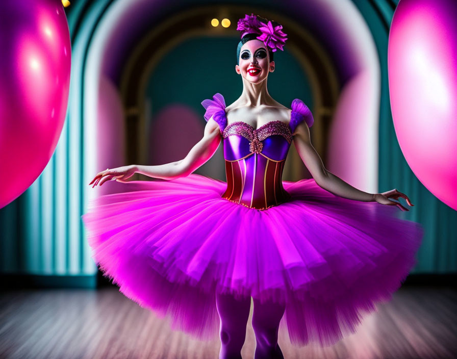 Colorful performer in purple tutu and corset with balloons in blue room