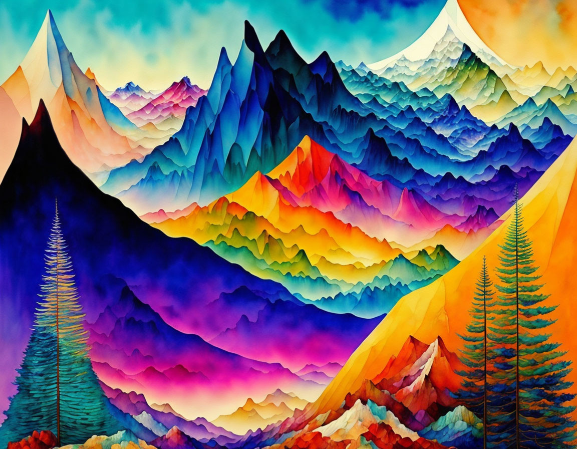 Abstract Mountain Landscape with Vibrant Blue, Orange, and Purple Hues