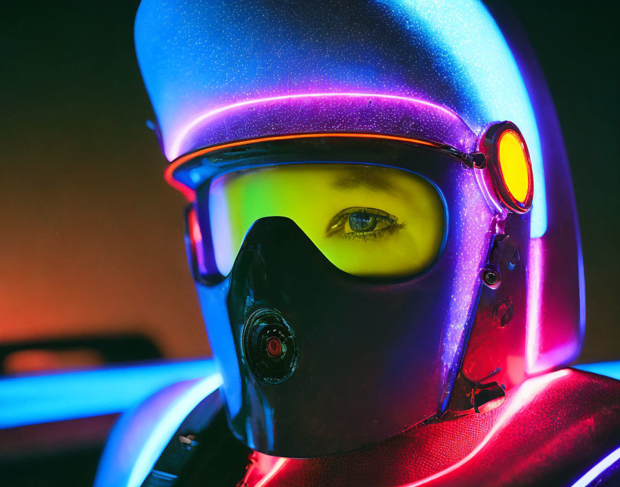 Futuristic helmet with neon colors and yellow eye close-up