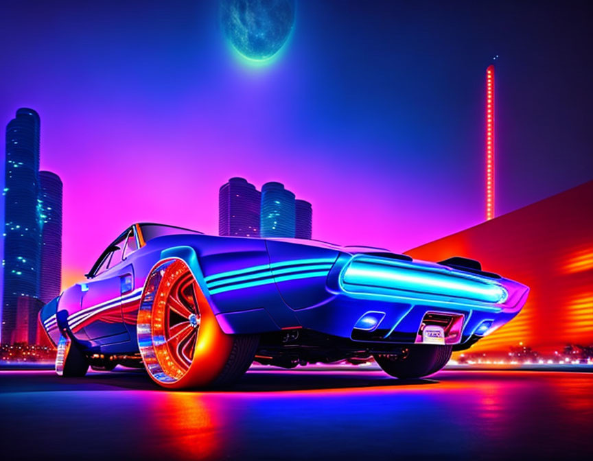 Classic Car with Neon-Lit Glowing Rims in Futuristic Cityscape