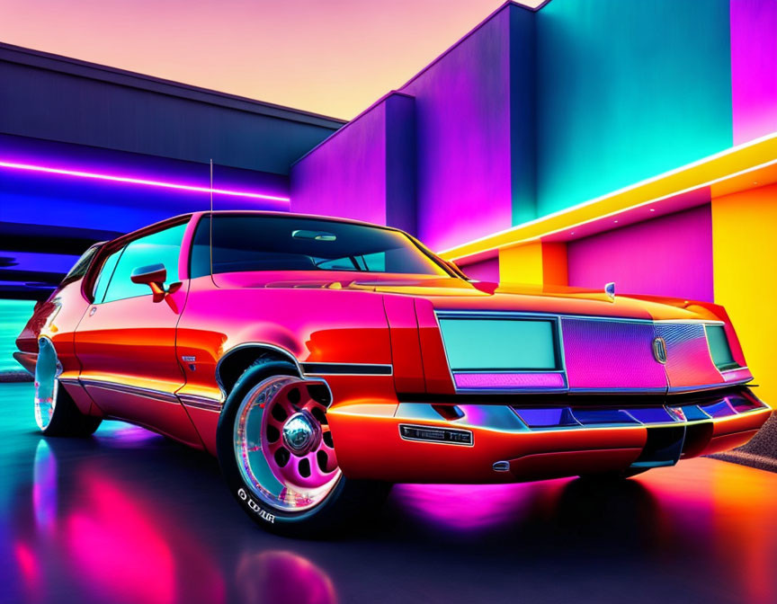 Vintage Classic Car Against Colorful Neon Background: Retro-Futuristic Design