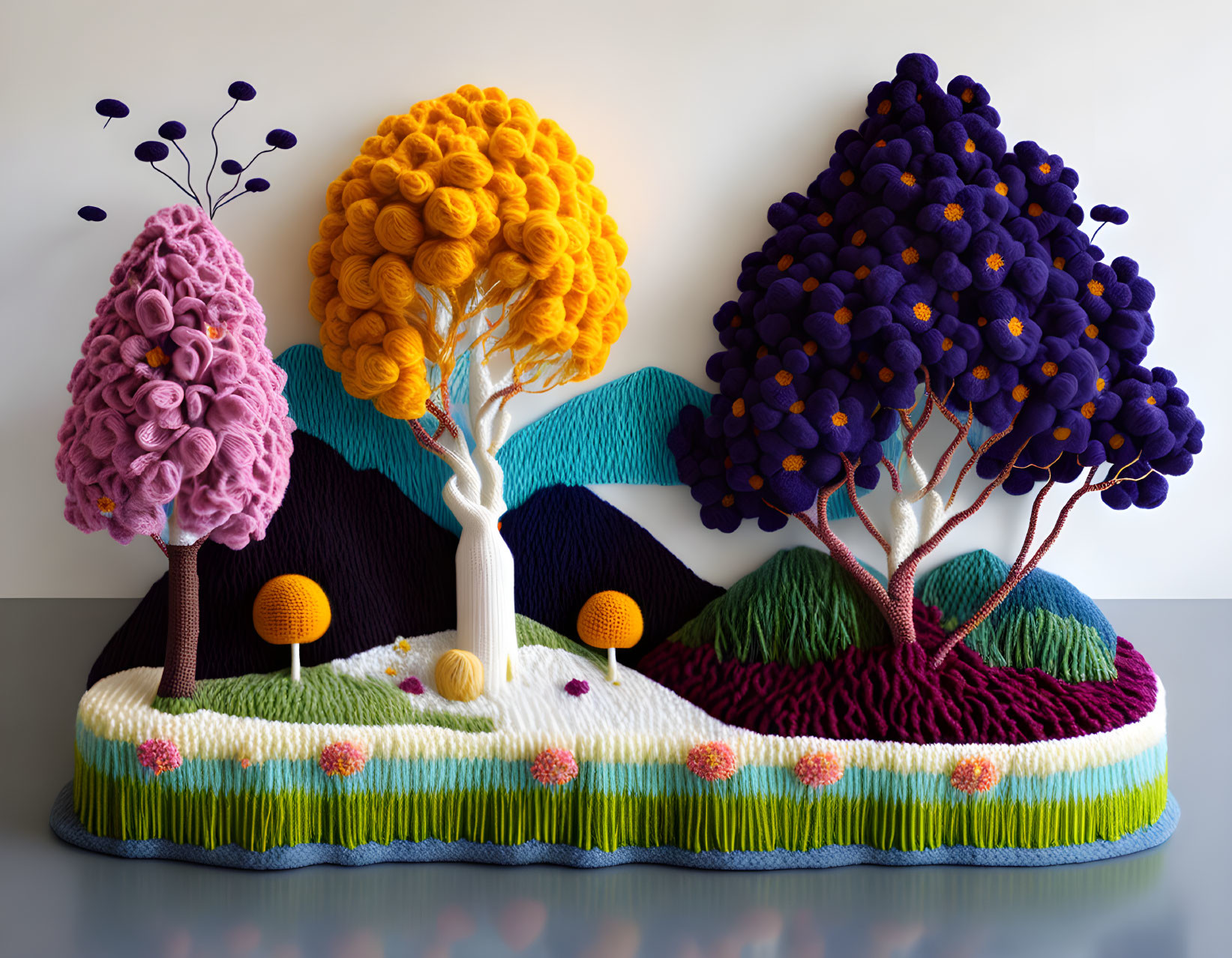 Colorful Knitted Trees on Green Base with White Vase and Flowers