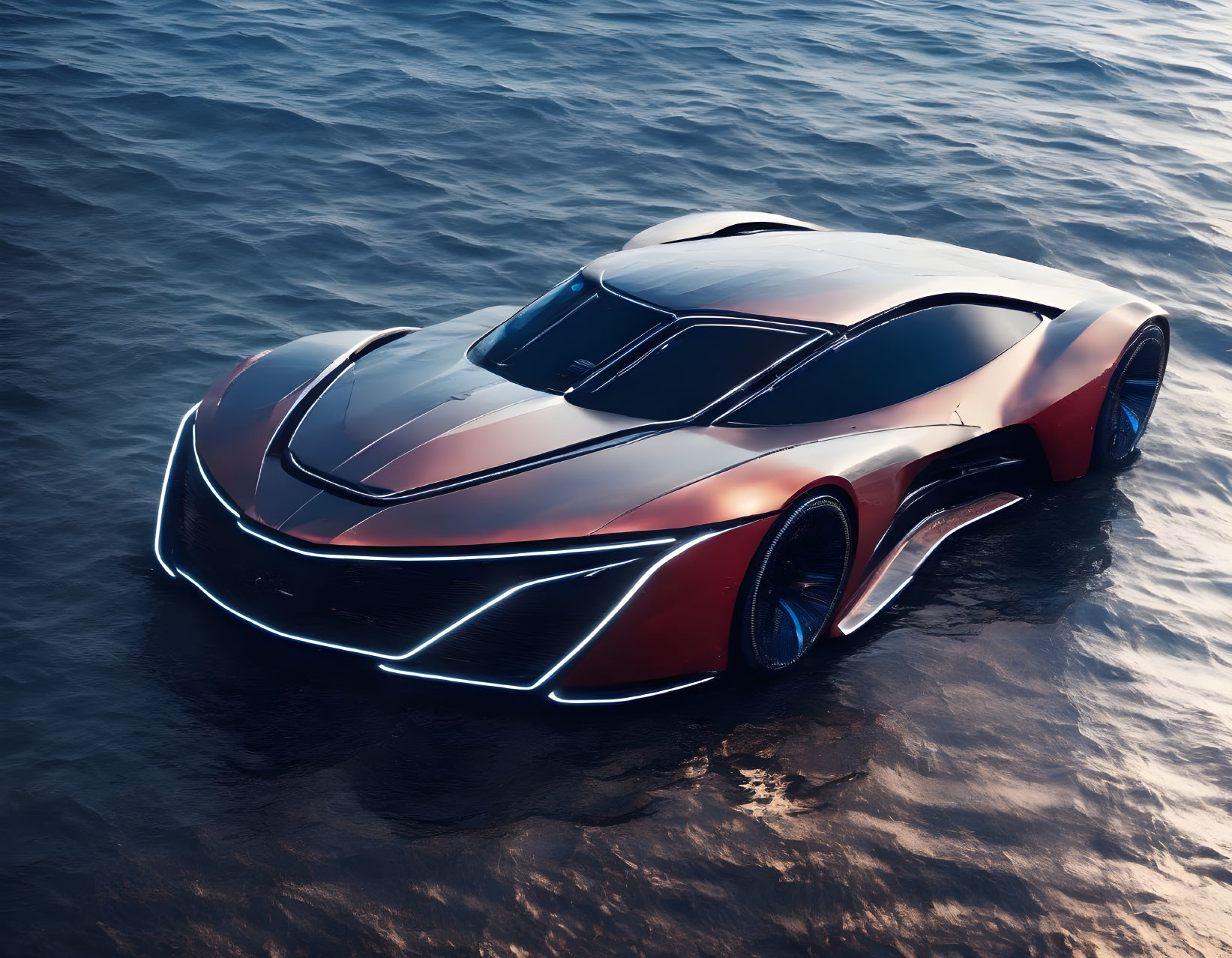Sleek Red and Black Futuristic Sports Car by Water at Dusk