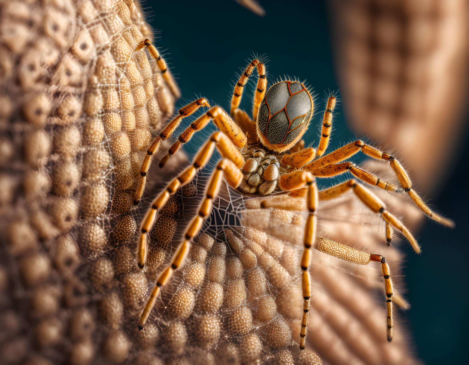 Orange Spider with Striped Legs on Textured Surface
