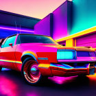 Vintage Classic Car Against Colorful Neon Background: Retro-Futuristic Design