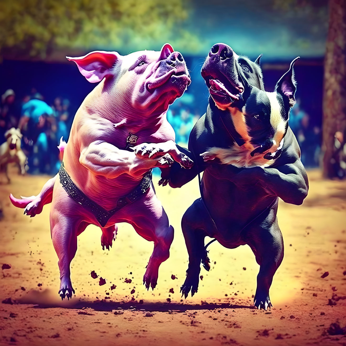 Anthropomorphized pigs wrestling in a ring with audience