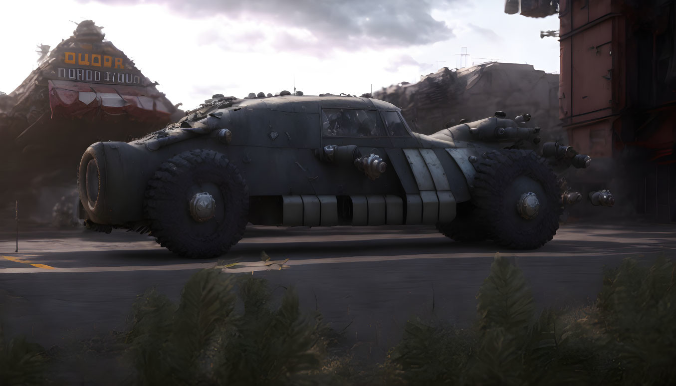 Armored vehicle with treaded tires in abandoned city setting