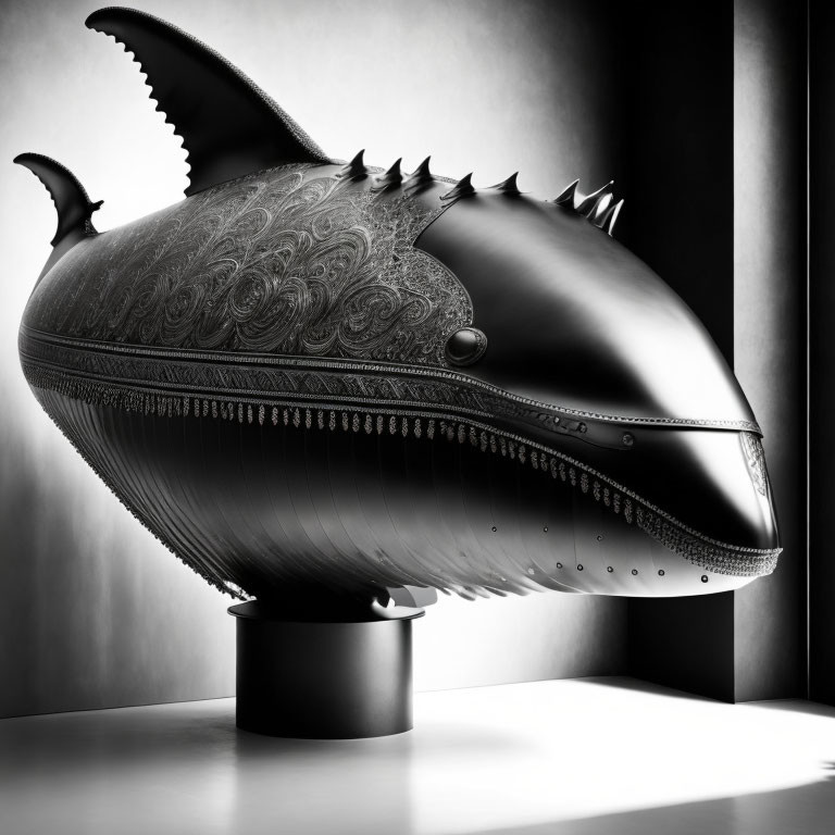Monochrome metallic whale sculpture with ornate engravings on two-tone background