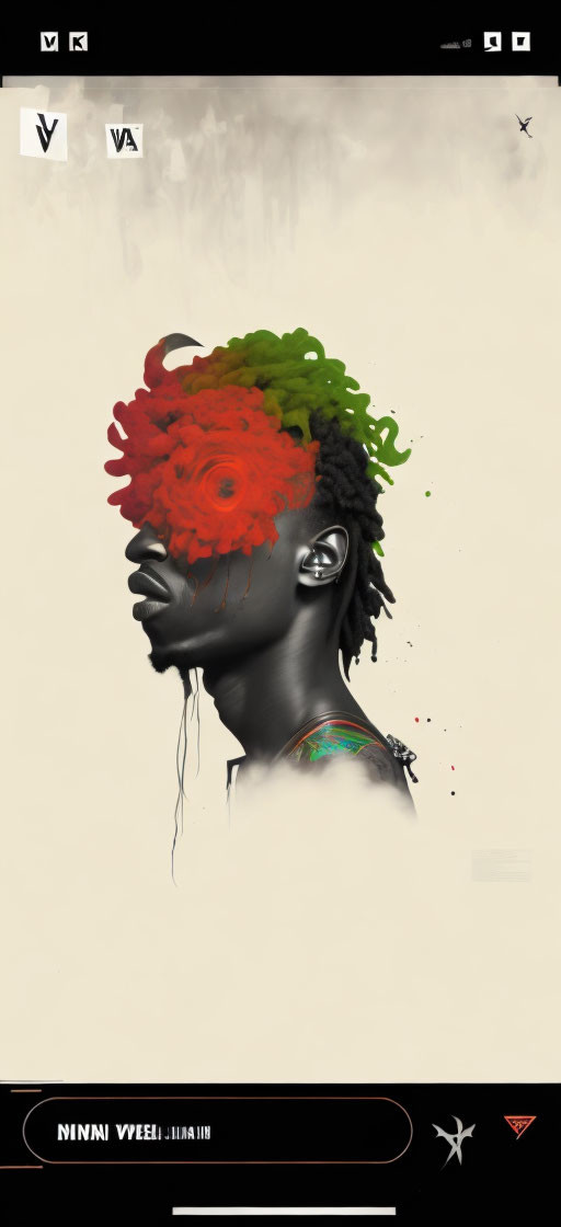 Colorful Human Profile Artwork with Red to Green Dreadlocks and Neck Tattoo