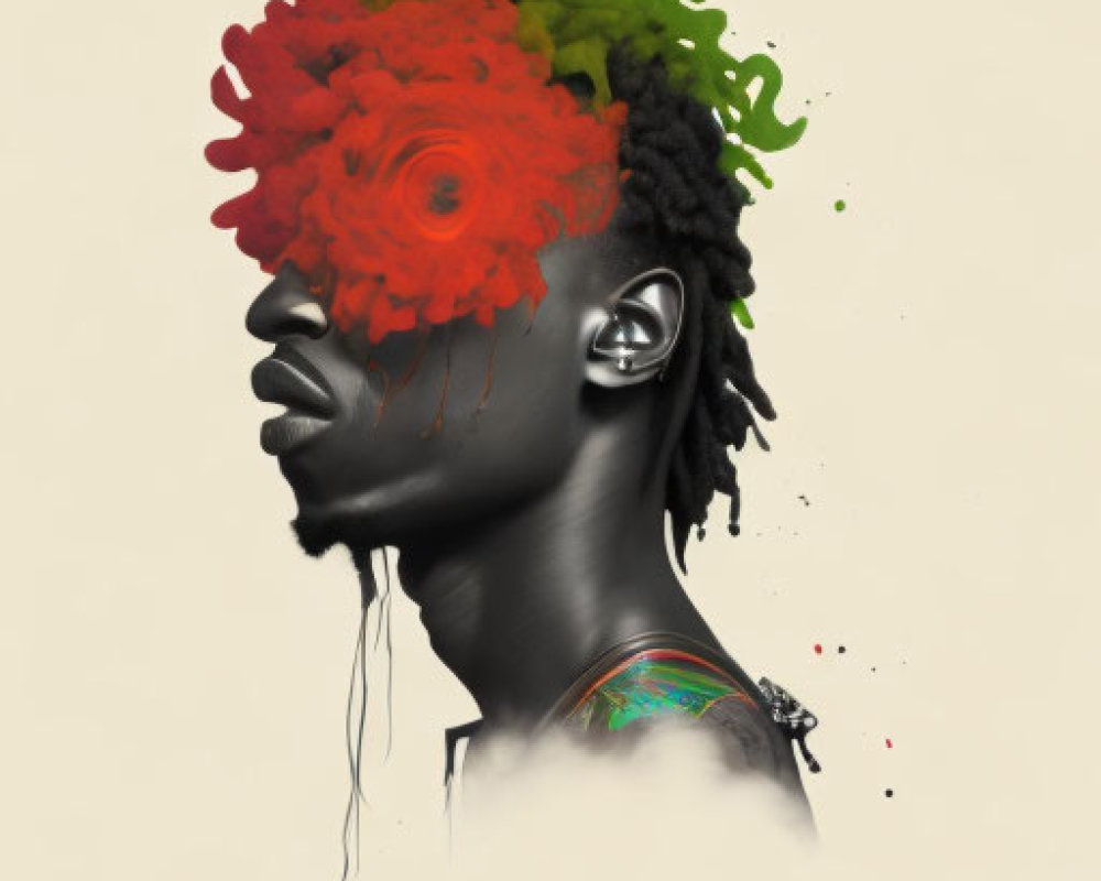 Colorful Human Profile Artwork with Red to Green Dreadlocks and Neck Tattoo