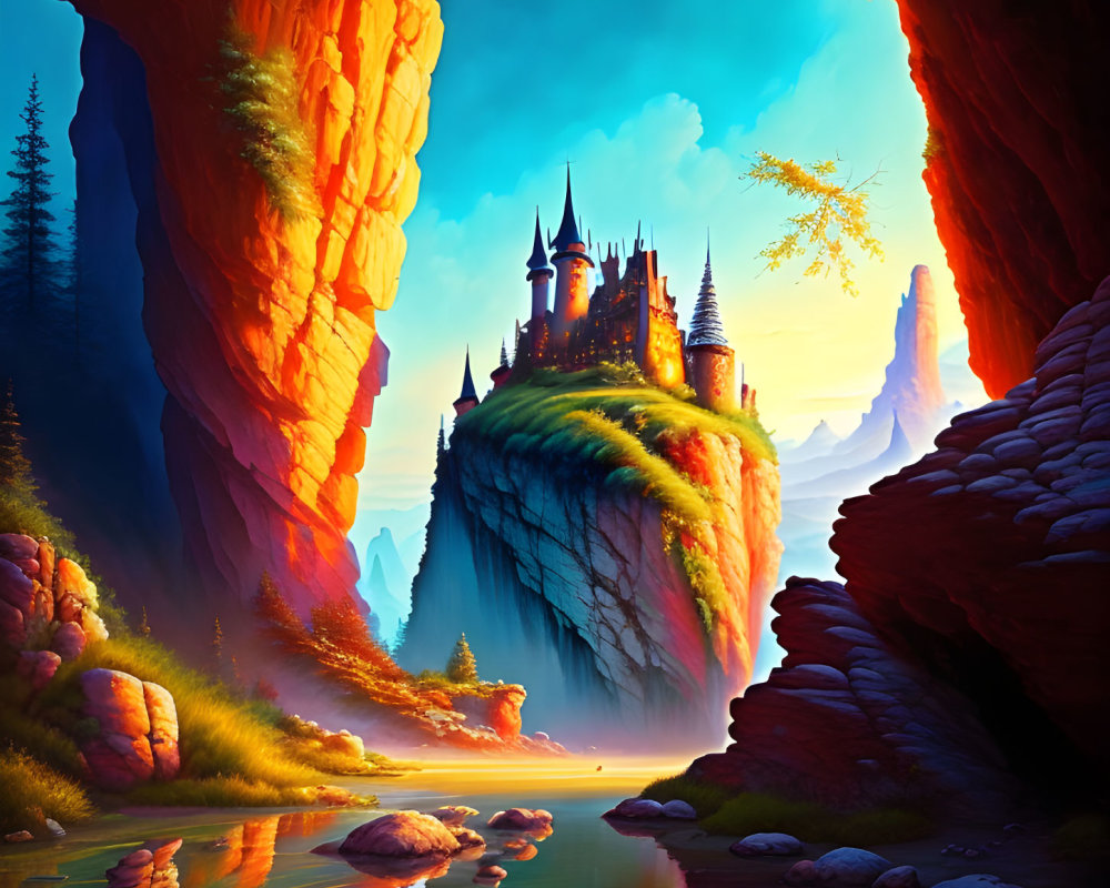 Majestic castle on cliff in vibrant fantasy landscape