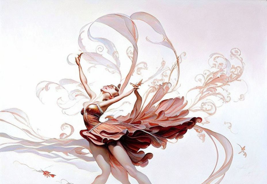 Graceful dancer in flowing wing-like fabric against soft background