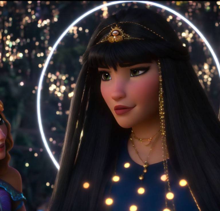 Black-haired animated character in headband and gold jewelry with subtle smile, glowing lights background