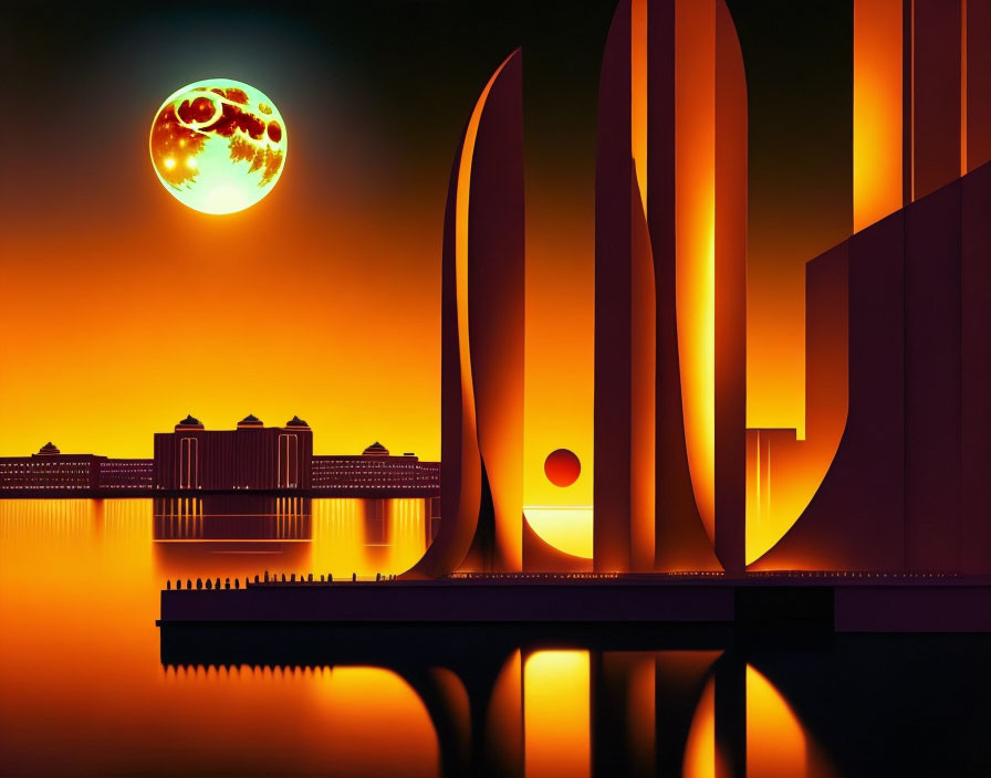 Futuristic cityscape at sunset with stylized buildings and orange sky