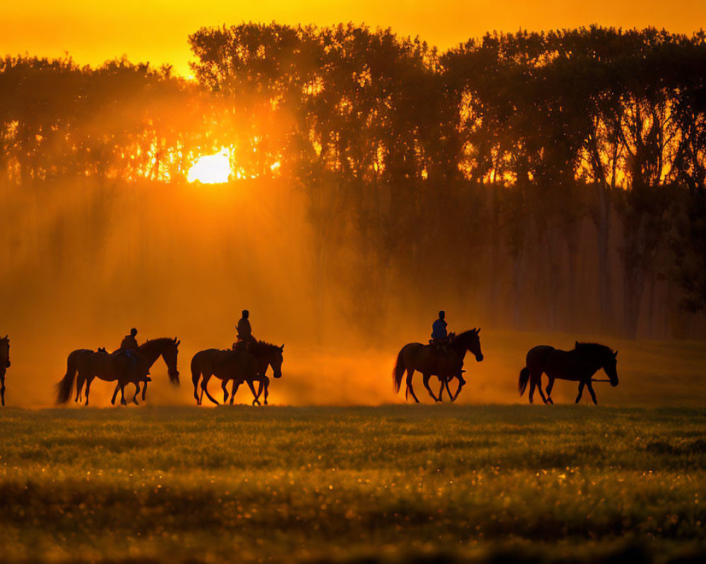 Horse riders in misty field at sunrise with warm sun glow