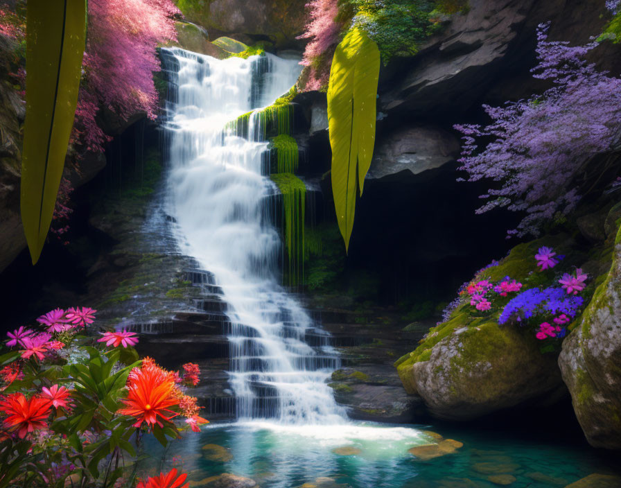 Flowing waterfall amid paradise