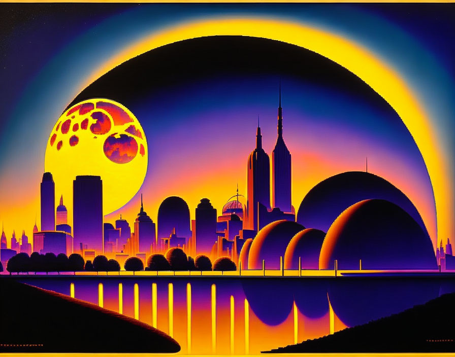 Cityscape Sunset with Moon, Futuristic Buildings, River, and Colorful Sky