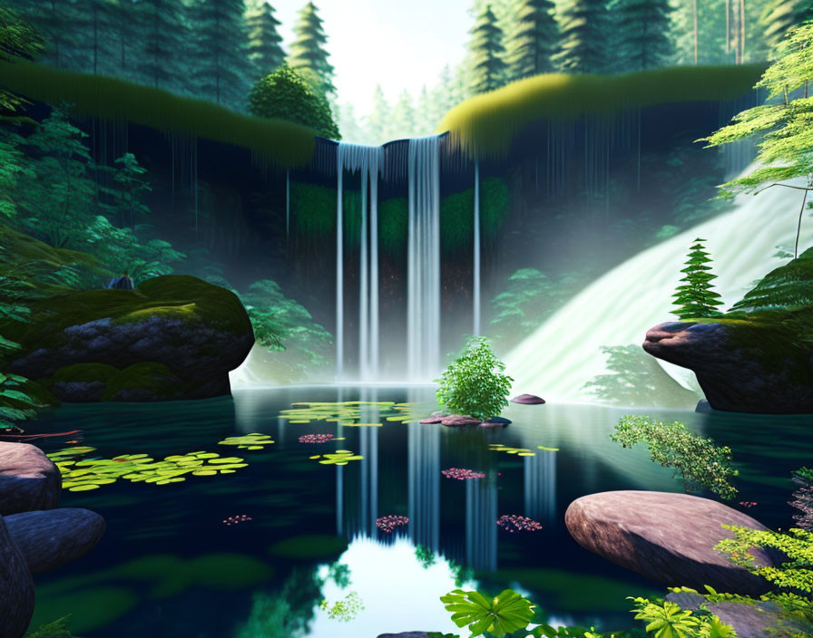 Tranquil forest scene with waterfall and water lilies