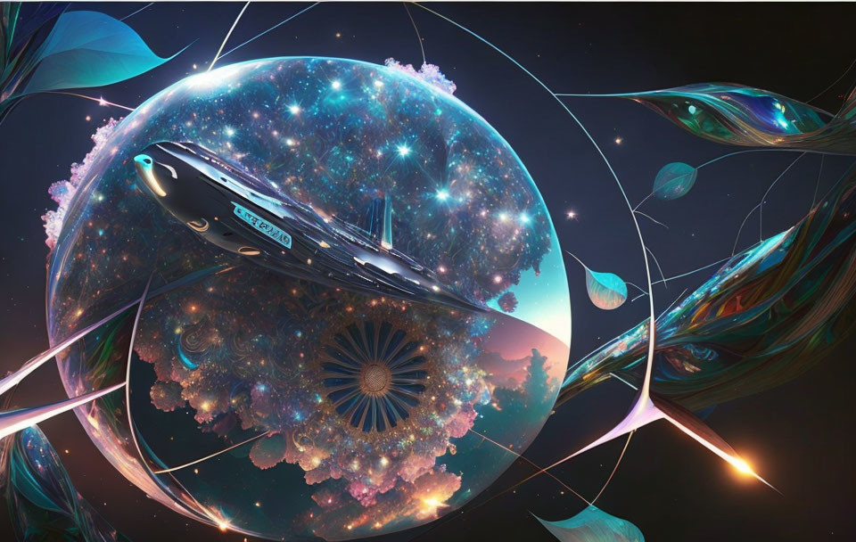 Fantastical spaceship orbits vibrant celestial sphere with fractal patterns