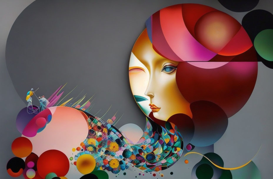 Vibrant surreal painting of stylized female face with abstract elements and figure on bicycle