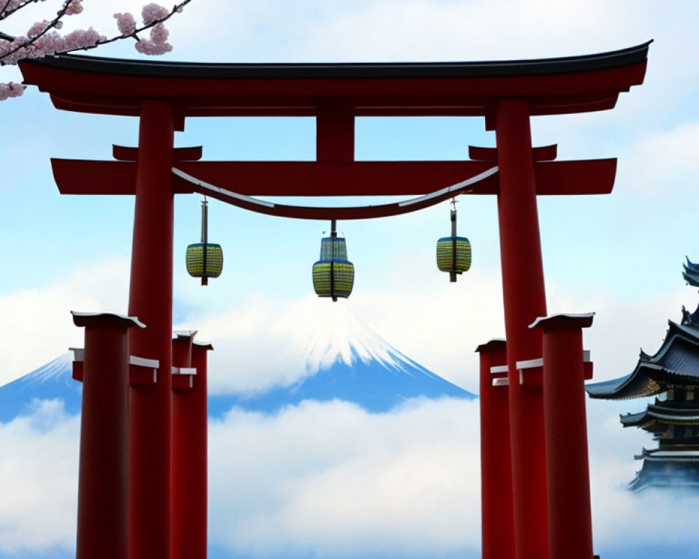 Red Torii Gate Frames Mount Fuji View with Cherry Blossoms