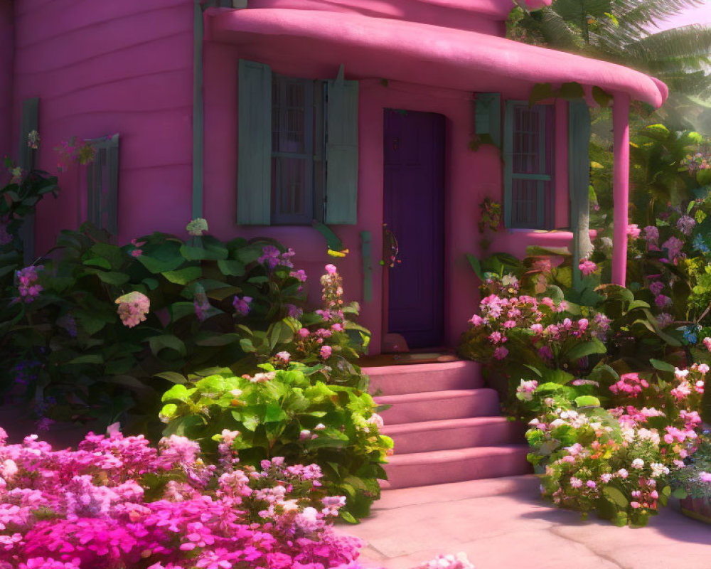 Pink House with Purple Door Surrounded by Greenery and Flowers