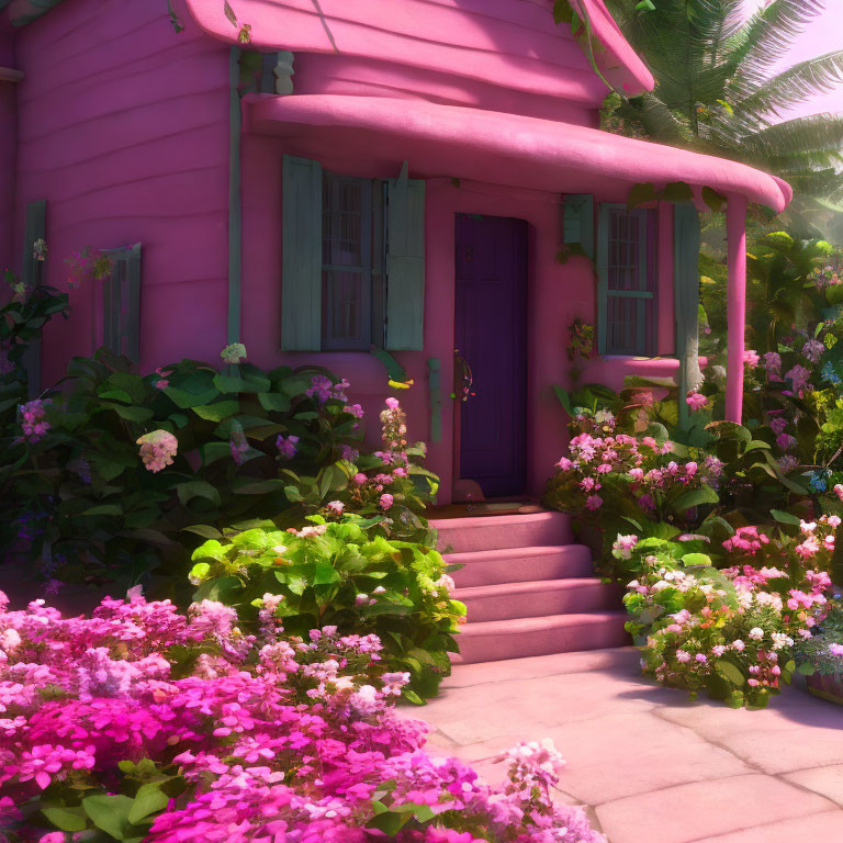 Pink House with Purple Door Surrounded by Greenery and Flowers