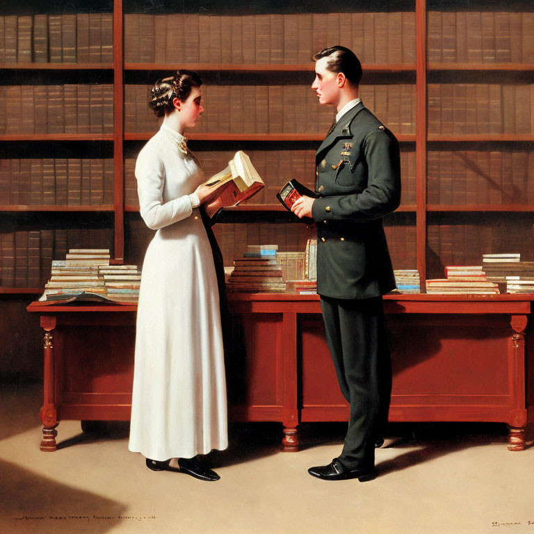 Woman in white dress and man in military uniform discussing books by bookshelf