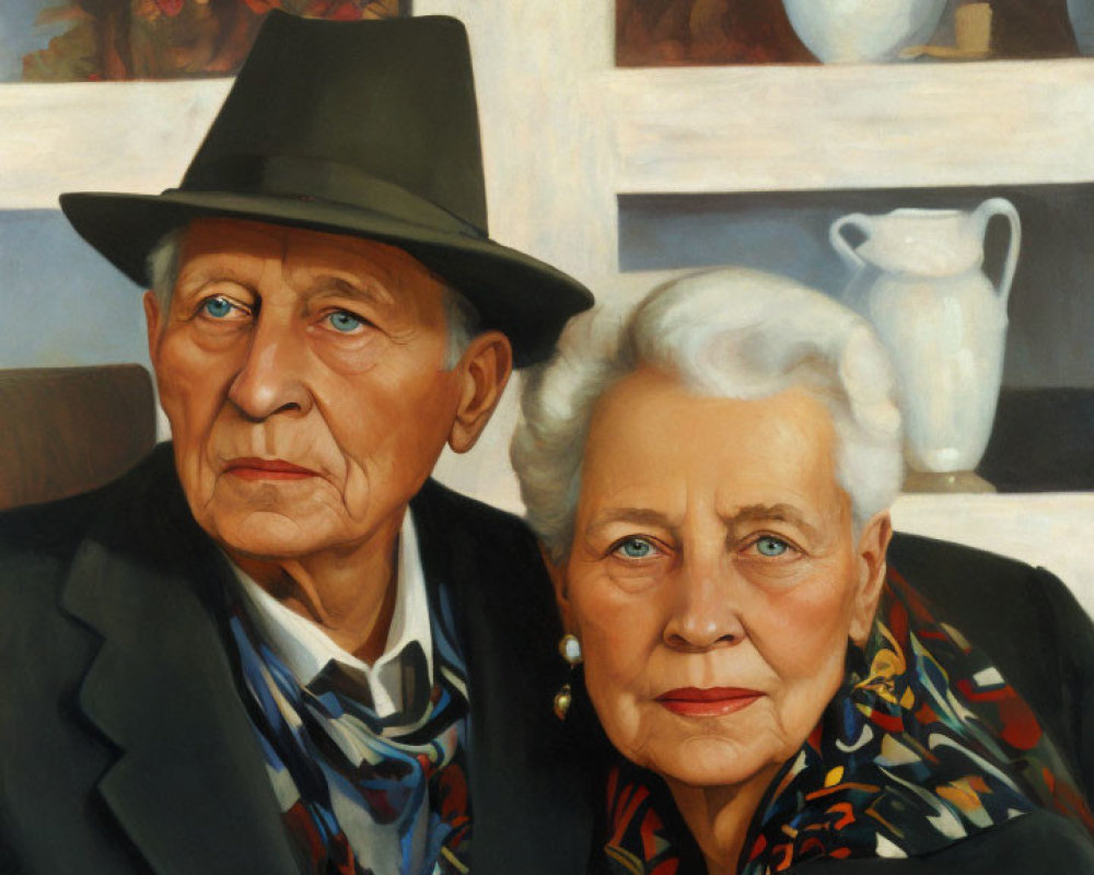 Realistic painting of elderly couple in hat and scarf against shelf background