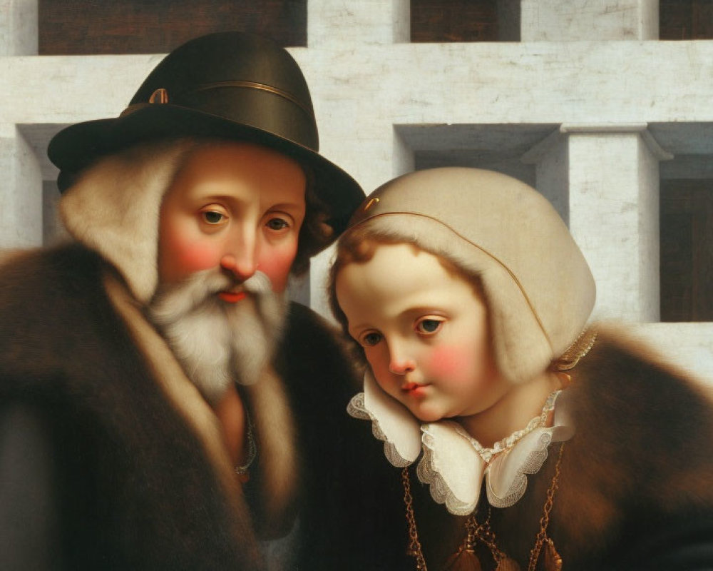 Elderly man with white beard and black hat beside young child in bonnet