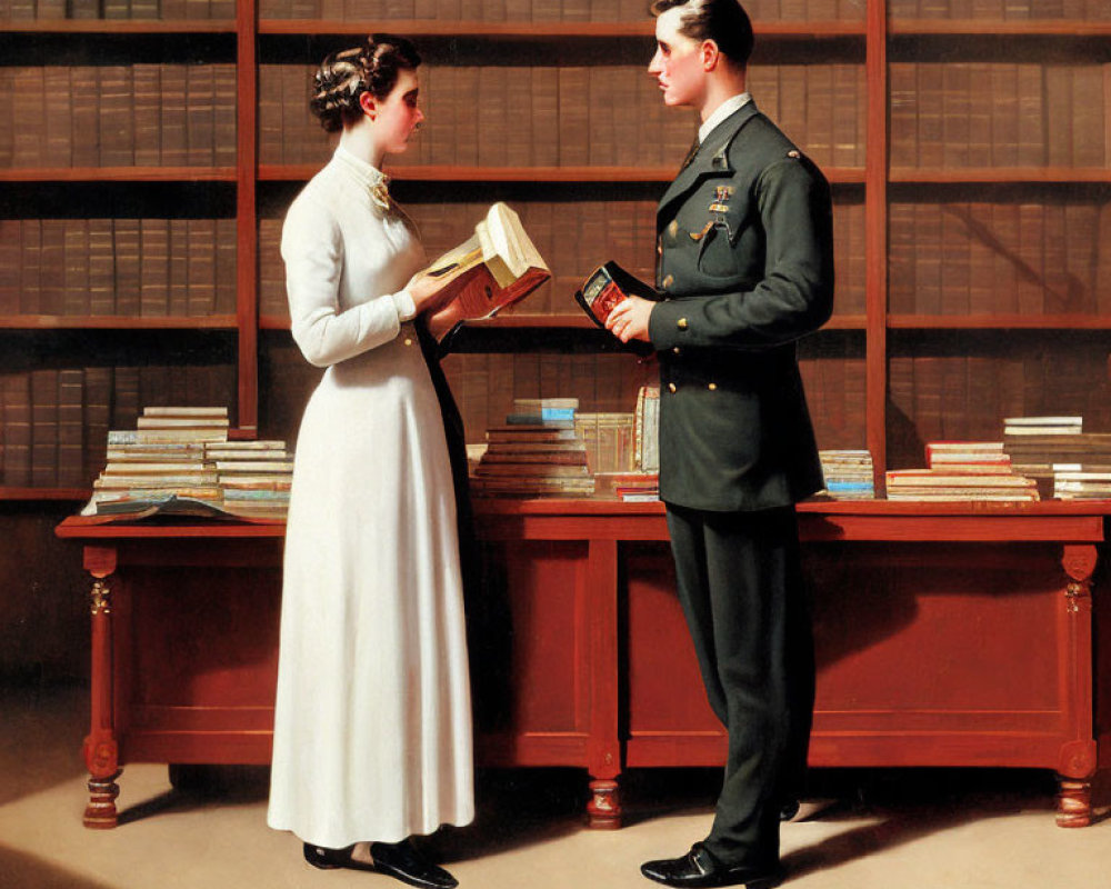 Woman in white dress and man in military uniform discussing books by bookshelf
