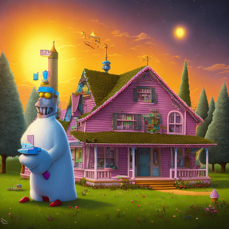 Blue robot holding small house in front of pink house with drones in sunset landscape