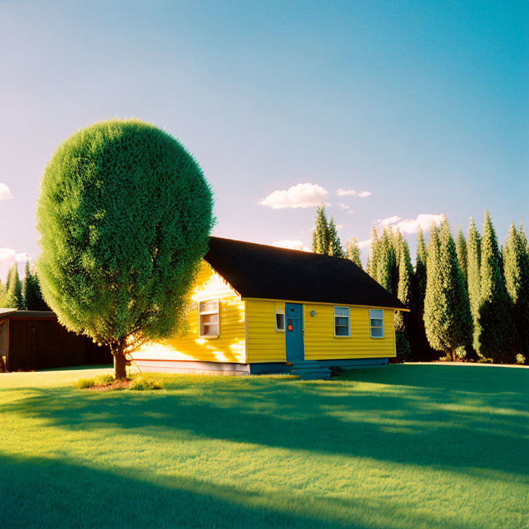 Yellow house with dark roof in green landscape under blue sky