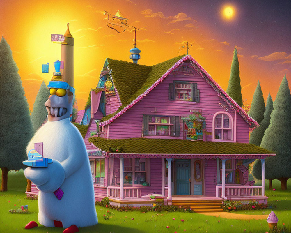 Blue robot holding small house in front of pink house with drones in sunset landscape