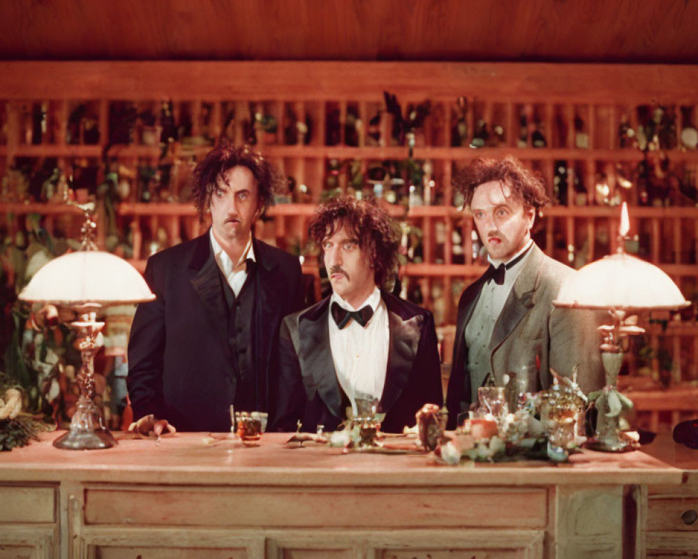 Three men in vintage suits with messy hair behind a bar, holding drinks and looking puzzled.